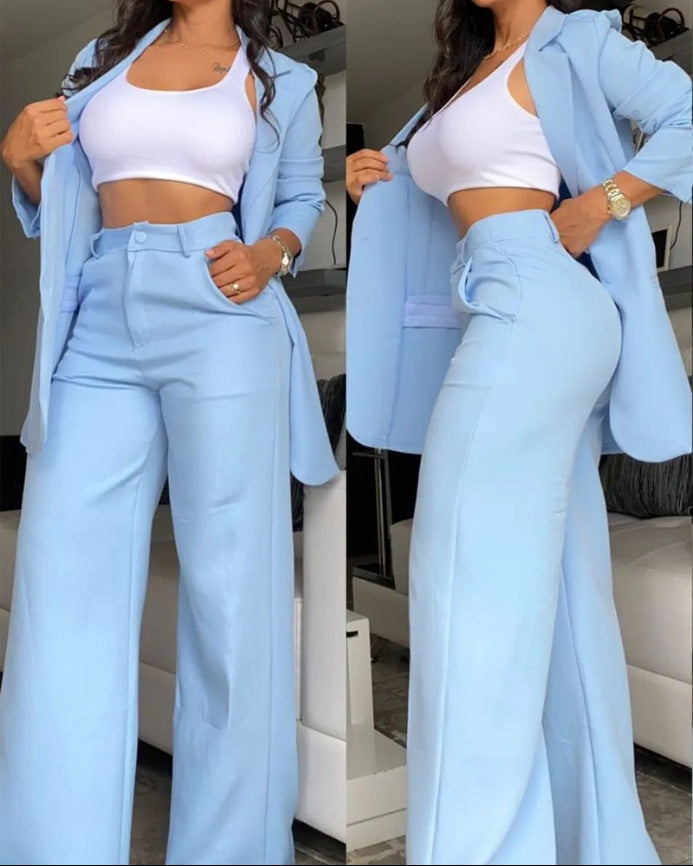 Street-wave Women's Pink Blazer And Wide-Leg Pants Set Elegant Comfort For Day To Night