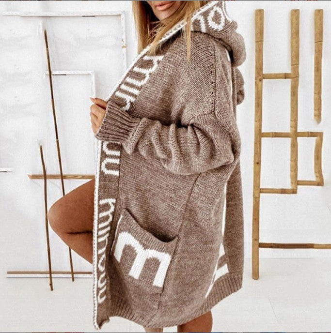 Women's Knit Cardigan Street-wave Cozy Soft Wool With Deep Pockets And Logo Print