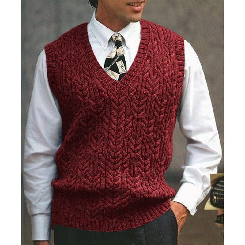 Street-Wave Mens Cable Knit Vest V-Neck With Full Cable Pattern Versatile Office To Casual