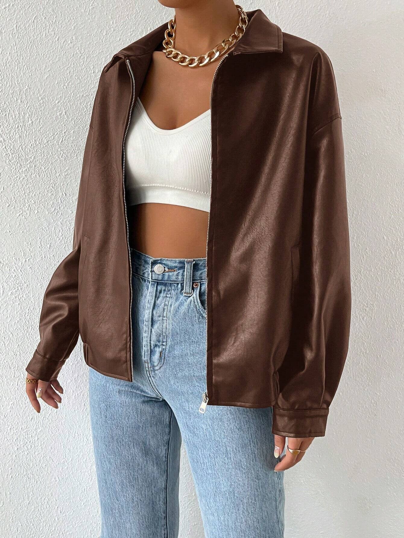 Street-wave Women's Trendy Faux Leather Jacket With Modern Fit And Casual Zip For Women