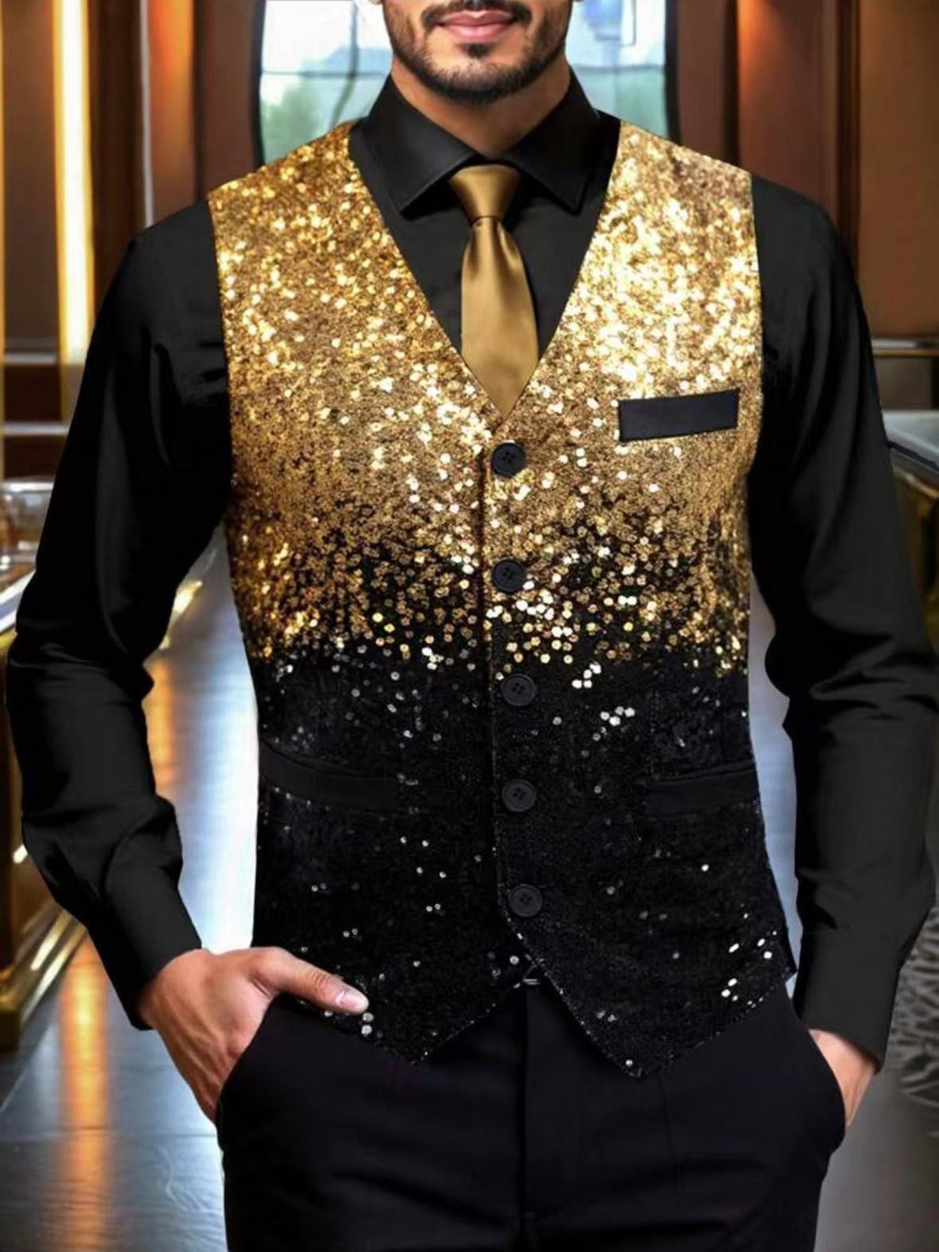 Street Wave Mens Sequin Festive Vest Glamorous Partywear Sparkle For Holiday Events