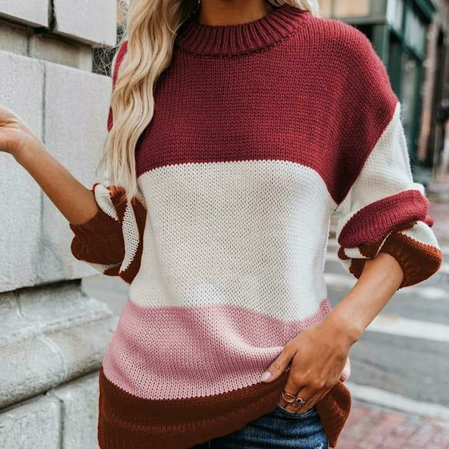 Street-wave Striped Knit Pullover With Double Stitch Seam, Cozy Cotton-Poly Knit Sweater For Women