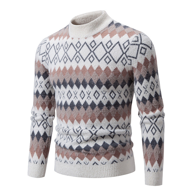 Street-Wave Mens Geometric Pattern Knit Sweater With High Collar For Winter Warmth And Style