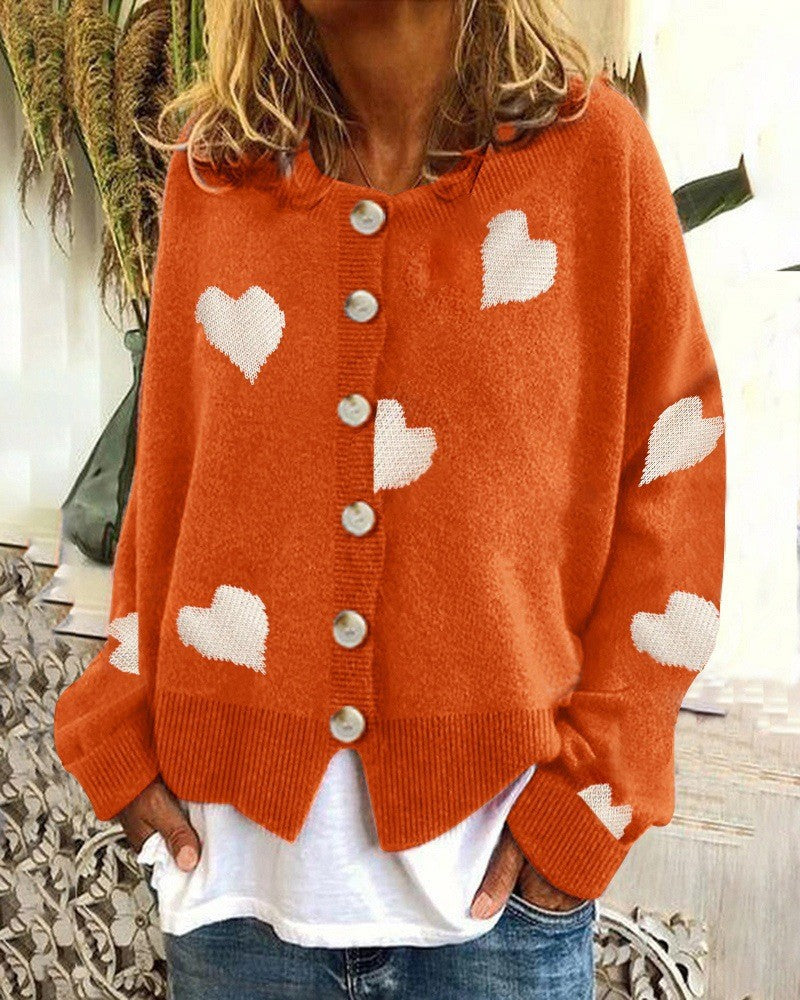 Street-Wave Womens Heart Knit Cardigan Cozy Soft Knitwear With Heart Pattern For Casual Chic