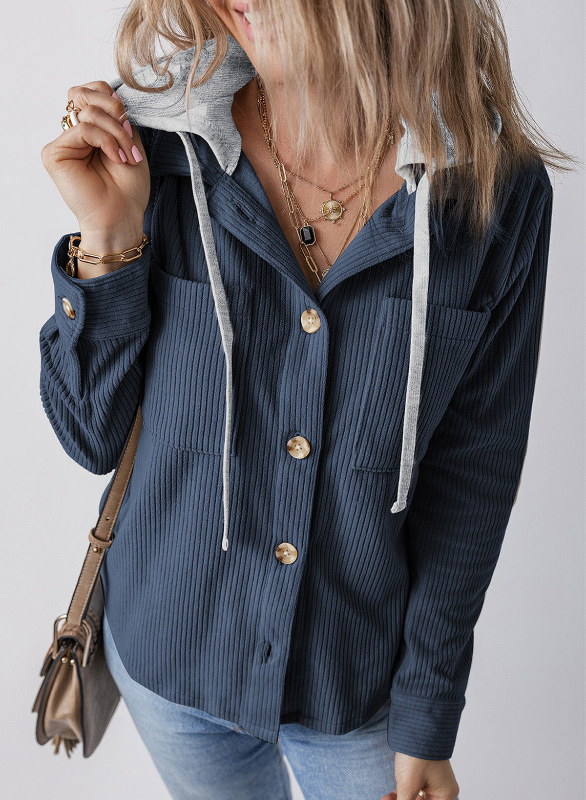 Streetwave Womens Ribbed Shirt Jacket With Hood Casual Chic Outerwear For Everyday Style