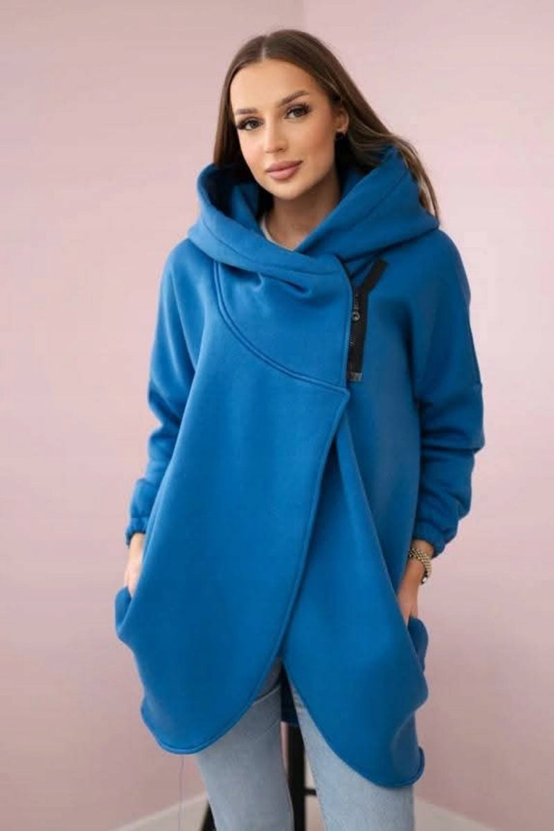 Street-wave Asymmetrical Zip Fleece Hoodie Jacket For Women, Cozy Warmth, Trendy Streetwear