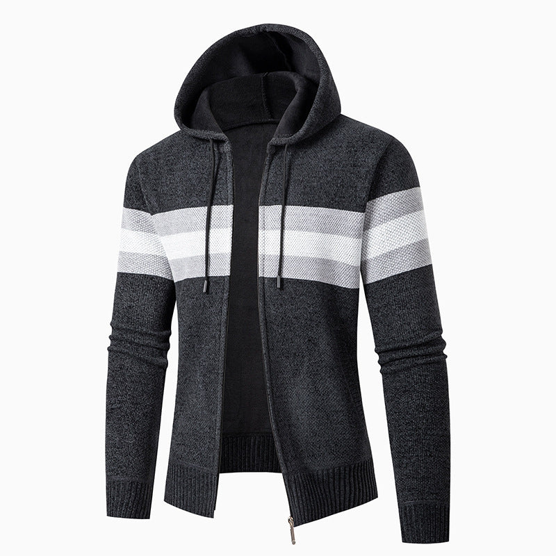 Streetwave Men's Hooded Knit Cardigan With Contrast Stripes For Casual Comfort And Style
