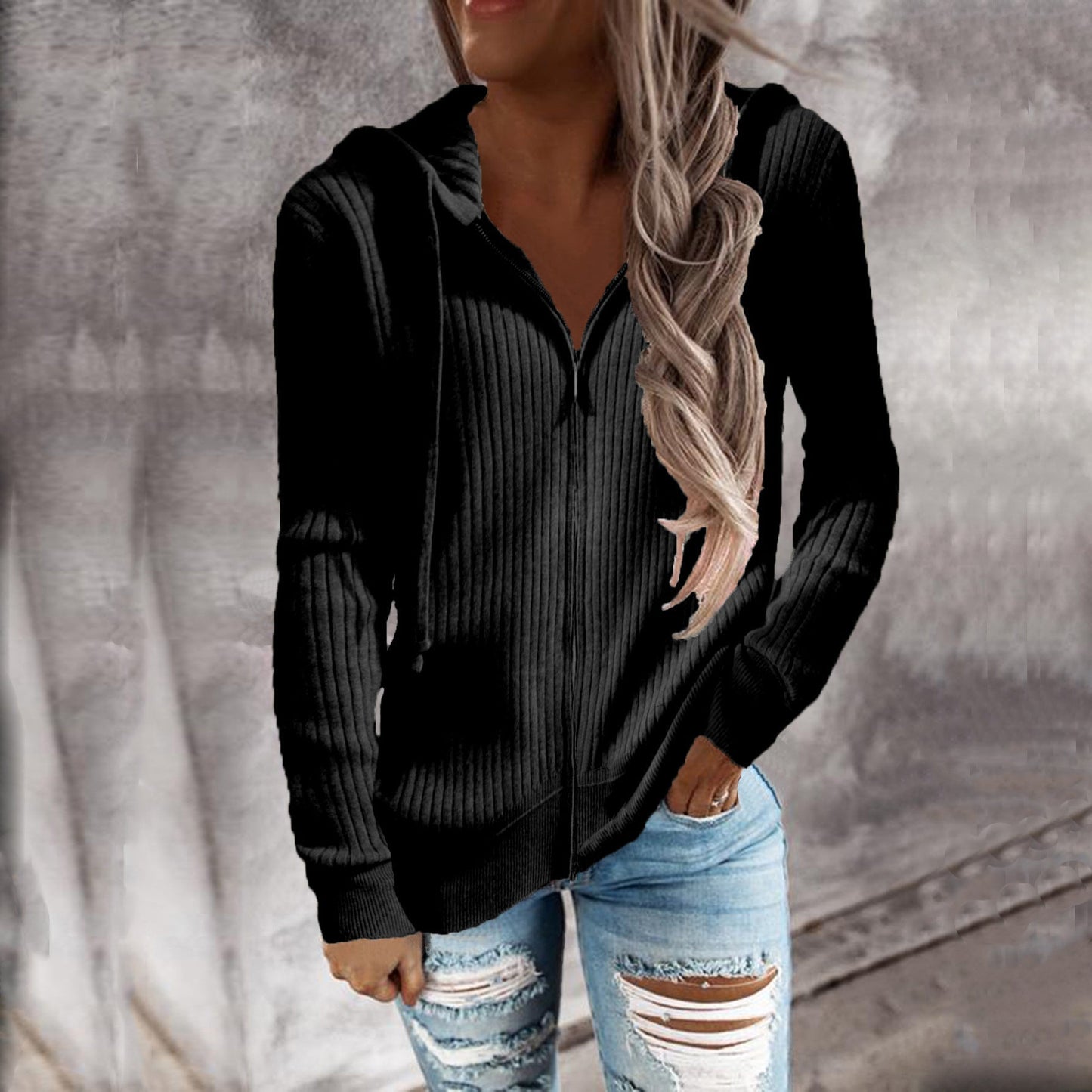 Street-Wave Womens Structured Knit Hoodie Jacket With Practical Pockets For Everyday Style