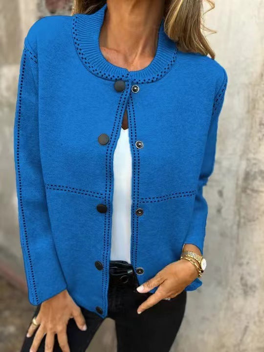 Street-wave Women's All-Season Loose Knit Cardigan With Button Front Placket And Decorative Stitching
