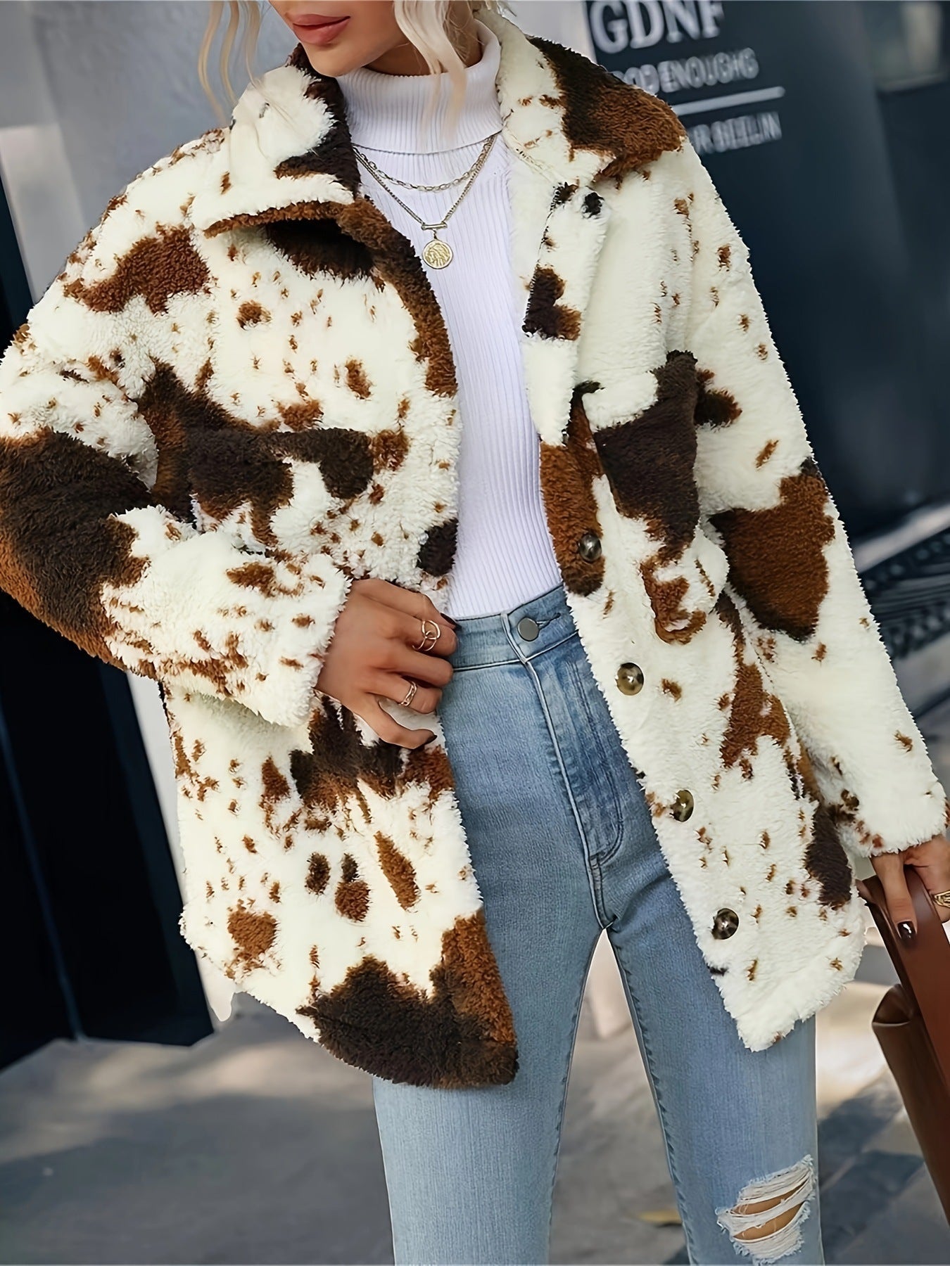 Street-wave Women Fleece Jacket Cozy Warmth With Cow Print Animal Pattern Soft Plush Exterior