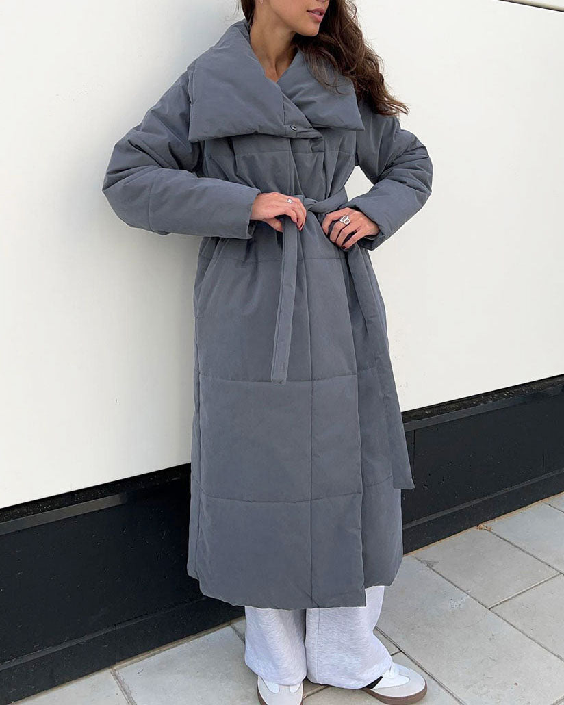 Street-Wave Long Cotton Coat With Large Lapel Belted Waist And Quilted Warmth For Women