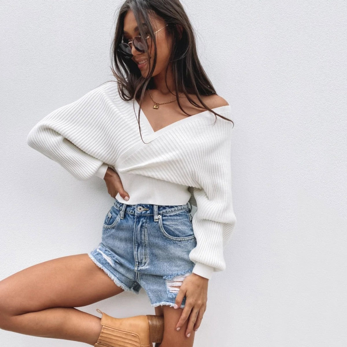 Streetwave Women V Neck Knit Pullover With Wide Sleeves Ribbed Texture Cozy Everyday Wear