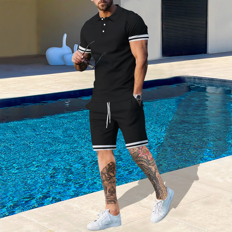 Street Wave Men's Polo Shirt And Shorts Set With Sporty Accents For Summer Comfort