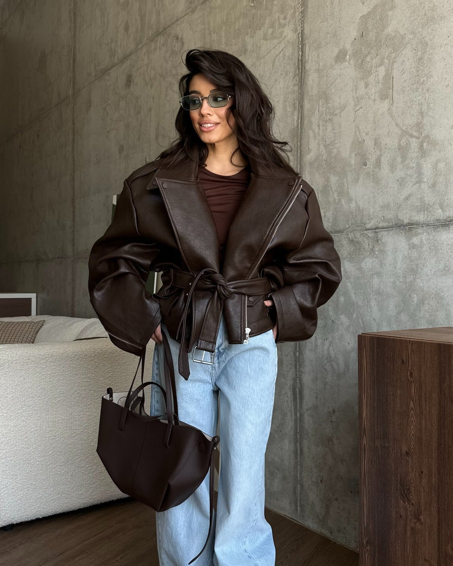 Street-Wave Women's Faux Leather Jacket With Belt And Oversized Sleeves Chic Elegant Outerwear