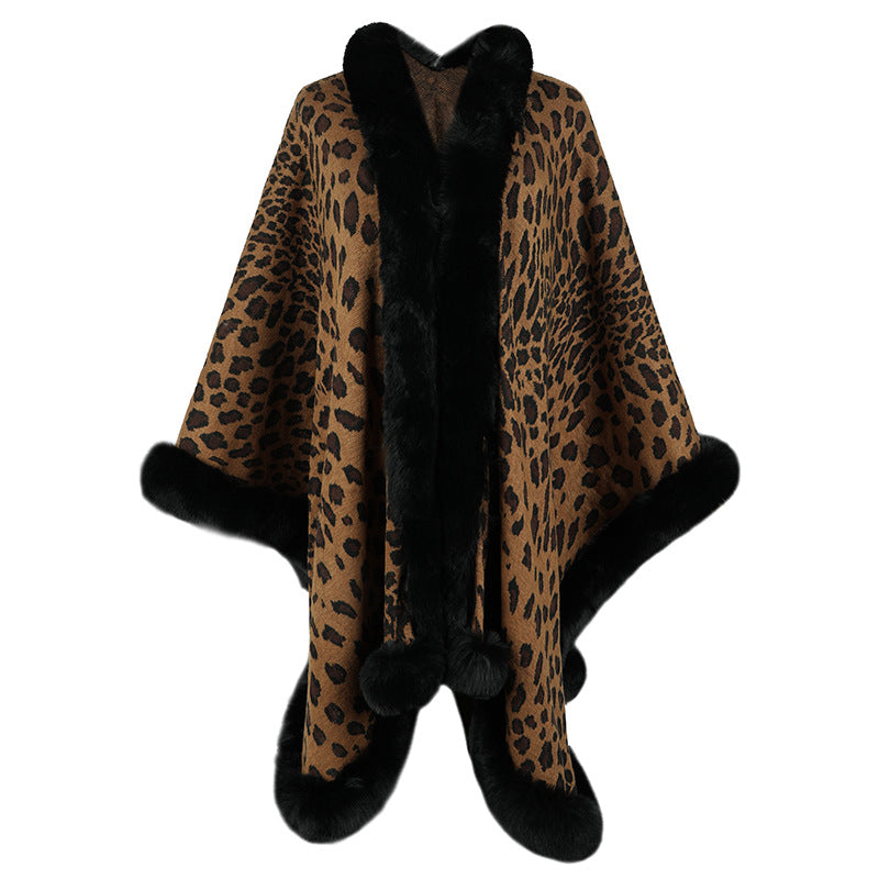 Street-Wave Leopard Print Faux Fur Trim Poncho For Women, Cozy Warmth And Luxury