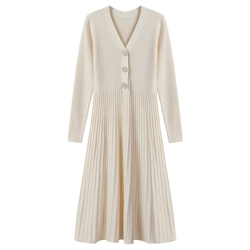 Street-wave Women's Knit Dress With Button Closure And Ribbed Texture Breathable Cotton Blend