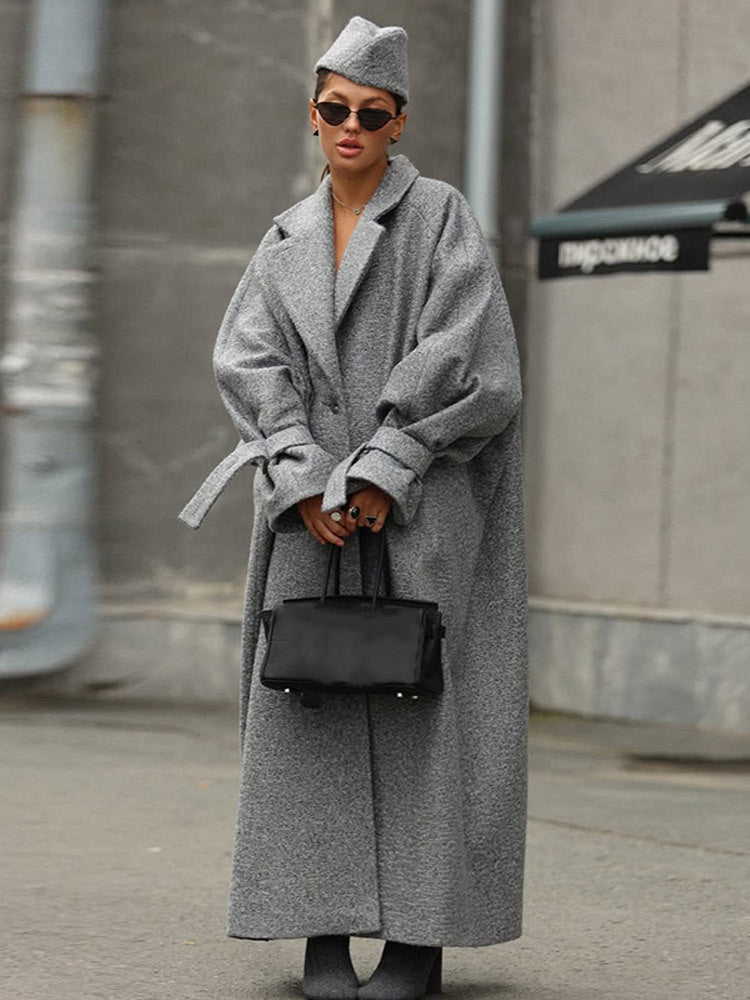 Street Wave Womens Oversized Wool Coat With Striped Design And Belt Cozy Elegant Outerwear