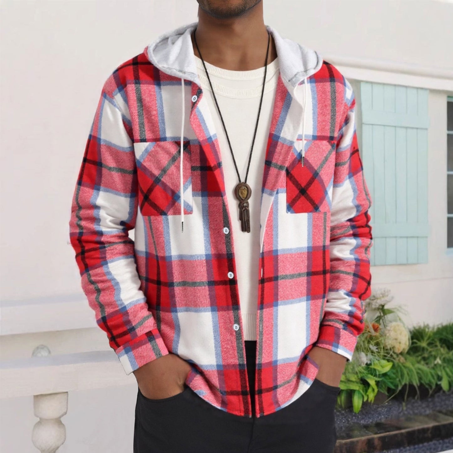 Street-Wave Men's Plaid Flannel Jacket With Hoodie And Practical Pockets Cozy Versatile Everyday Wear