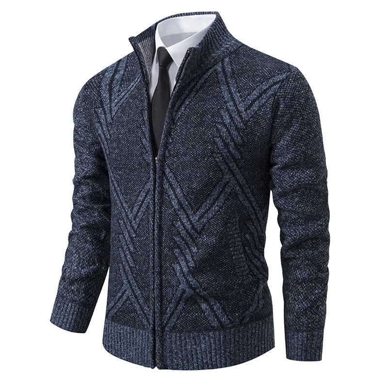 Street Wave Mens Geometric Knit Cardigan Modern Pattern Soft Comfort For Stylish Professionals