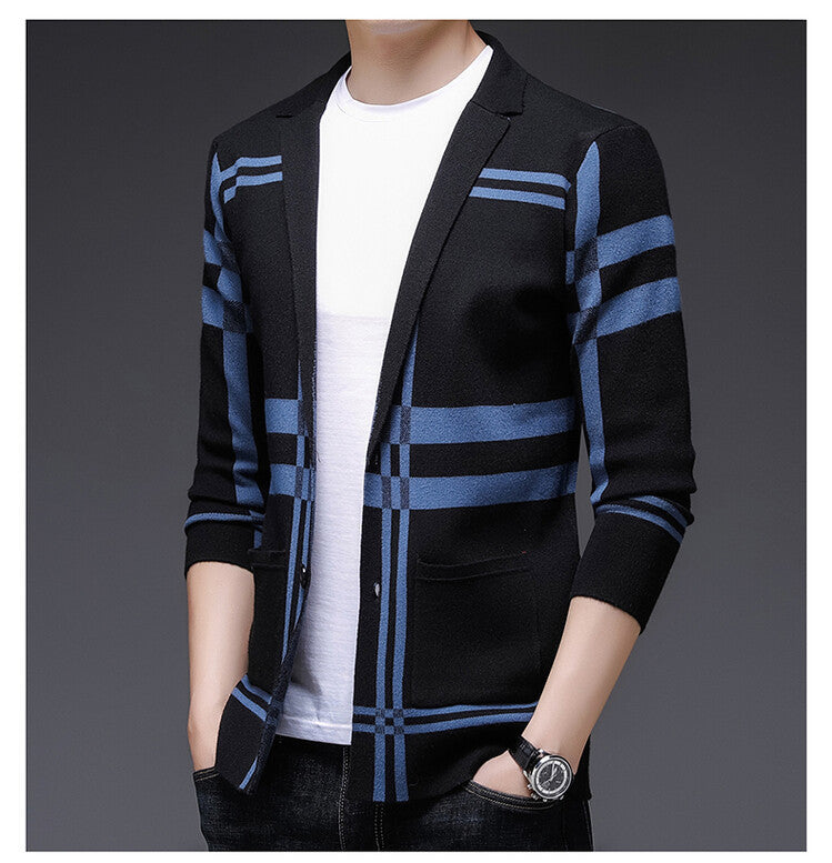 Street-wave Men's Knit Cardigan With Elegant Plaid Pattern For Modern Comfortable Everyday Wear