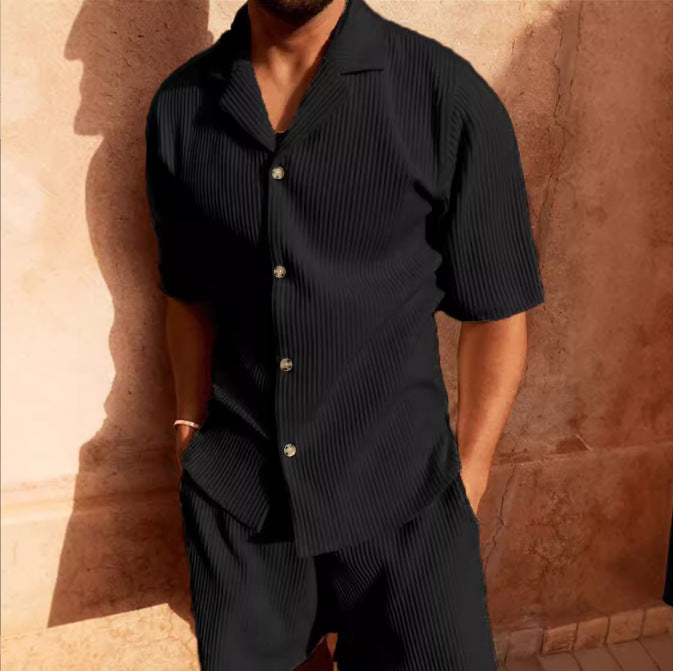 Streetwave Mens Breathable Rib Knit Short Sleeve Set With Modern Button Placket For Stylish Wardrobe