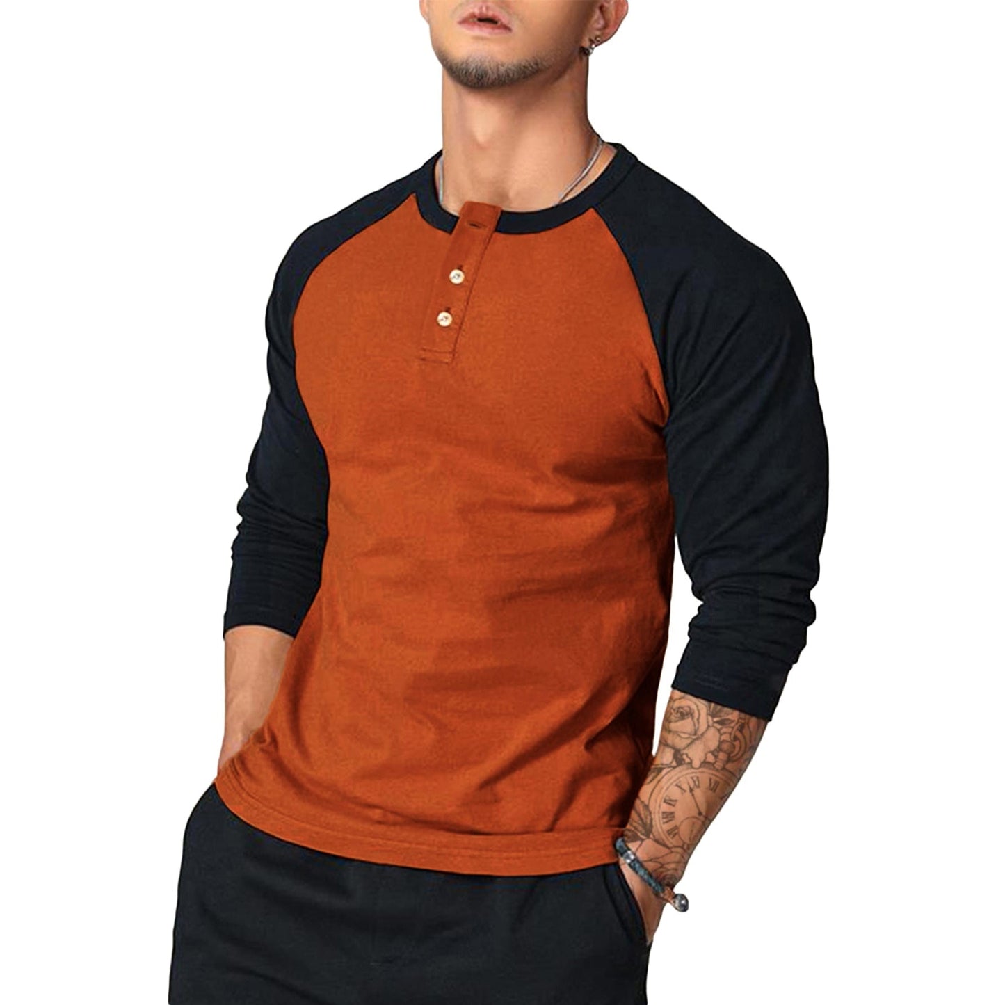 Street-Wave Mens Long Sleeve Henley Shirt With Contrast Sleeves Soft Cotton Comfort