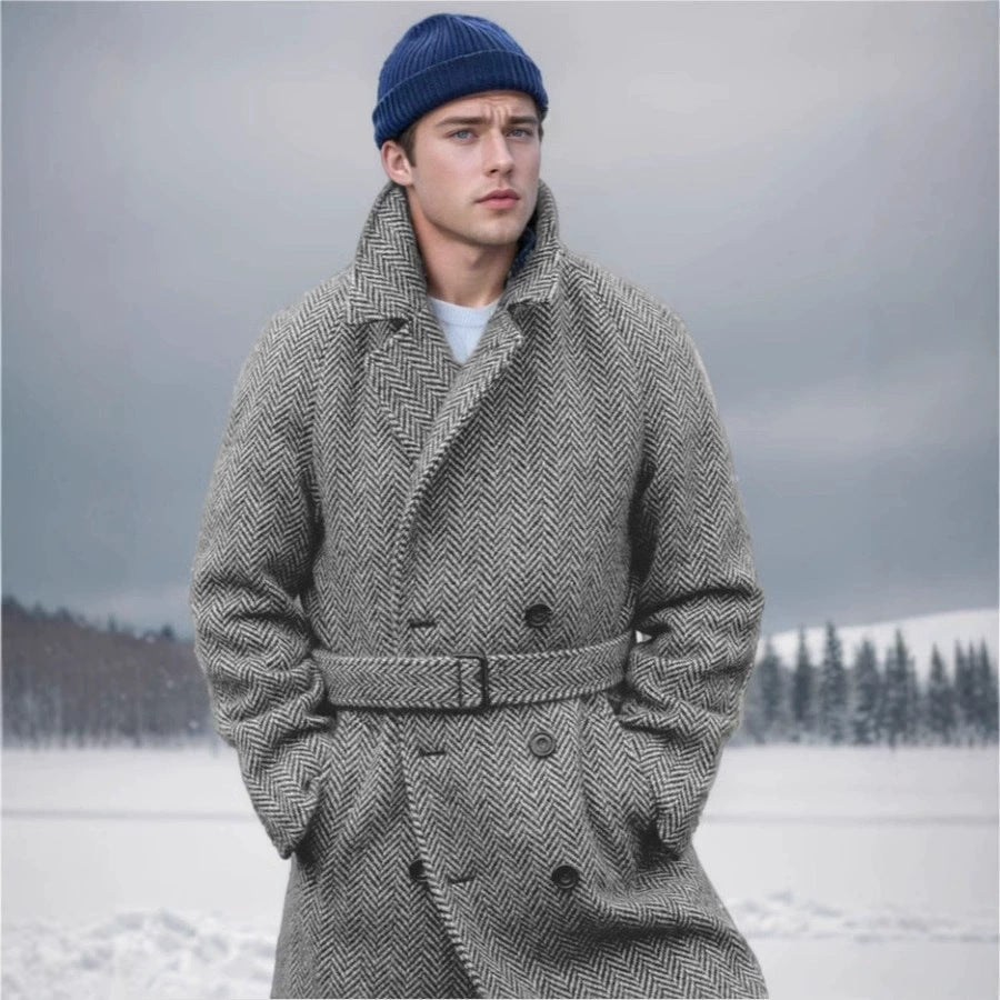 Street-wave Mens Wool Overcoat With Herringbone Pattern Belted Classic Warmth And Style