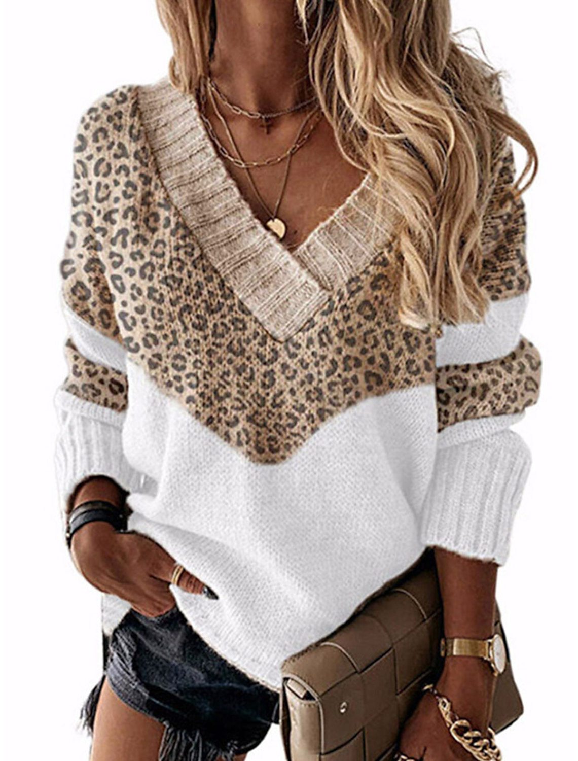 Street-Wave Women Leopard Print V Neck Sweater Soft Knit Cozy Warmth for Chic Comfort