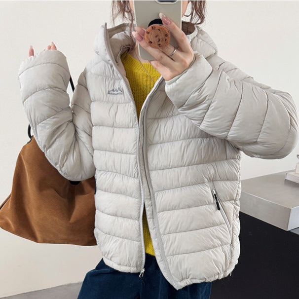 Street-wave Women Ultralight Puffer Jacket With Removable Hood Elastic Hem Water-Repellent