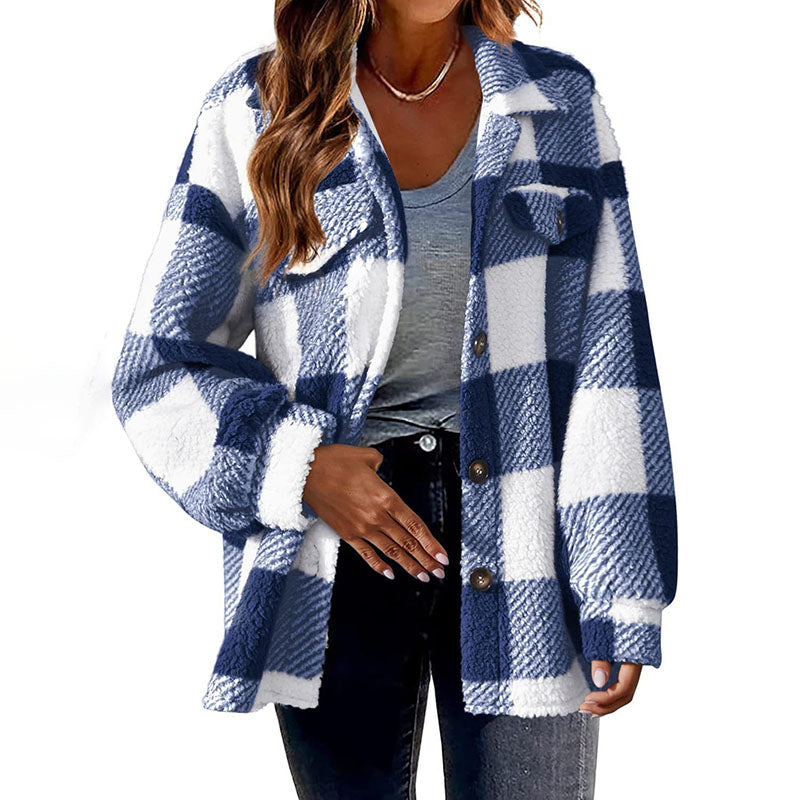 Street-wave Cozy Pink Plaid Coat For Women All Season Warmth With Button Front And Soft Cotton Poly