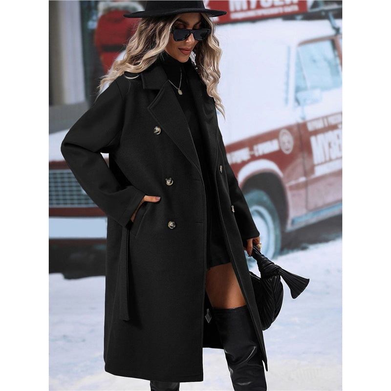 Streetwave Women Double Breasted Wool Coat Belted for Elegant Warmth and Style This Season