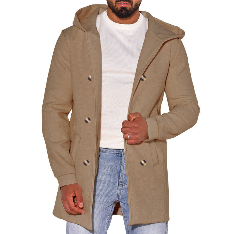 Street-Wave Mens Fashion Coat With Removable Hood And Double Button Placket For Stylish Outdoors