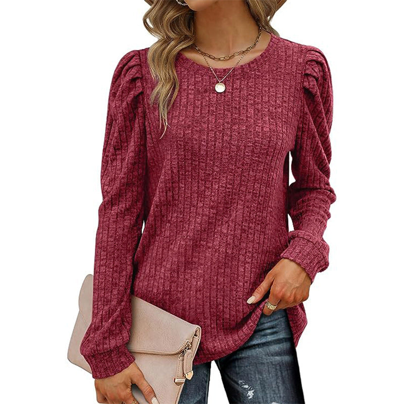 Street-wave Women's Gathered Sleeves Knit Sweater Cozy Ribbed Pullover For Everyday Style