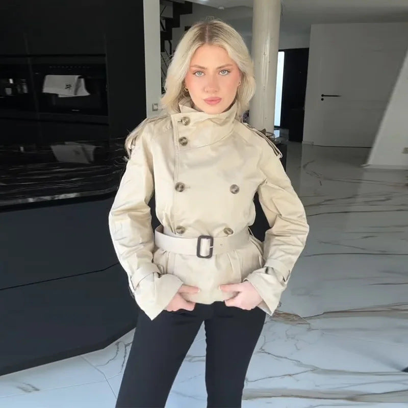 Street-Wave Womens Short Trench Coat With Double Button Front Belted Tailored Fit For Women Chic