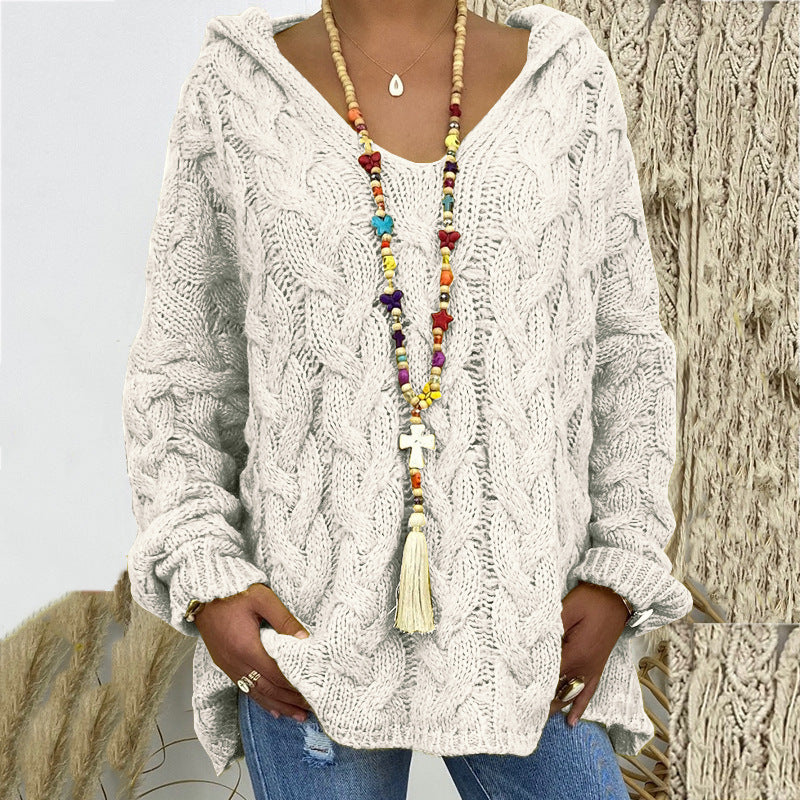 Street-wave Knitted Hoodie With V-Neck Cozy Cable Knit Sweatshirt For Women Elegant Casual Look