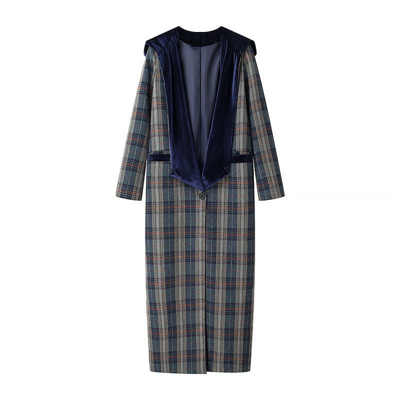 Street-Wave Women's Long Plaid Blazer With Velvet Collar For Elegant Office And Events