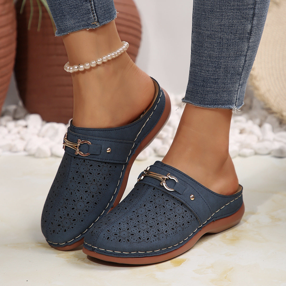 Streetwave Women Slippers Cozy Perforated Floral Pattern Leather Look Mules Indoor Outdoor Comfort