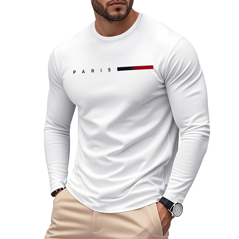 Street Wave Paris Print Long Sleeve Tee For Men With Elastic Hem And Breathable Cotton