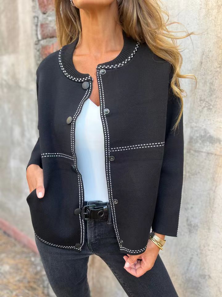 Street-wave Women's All-Season Loose Knit Cardigan With Button Front Placket And Decorative Stitching