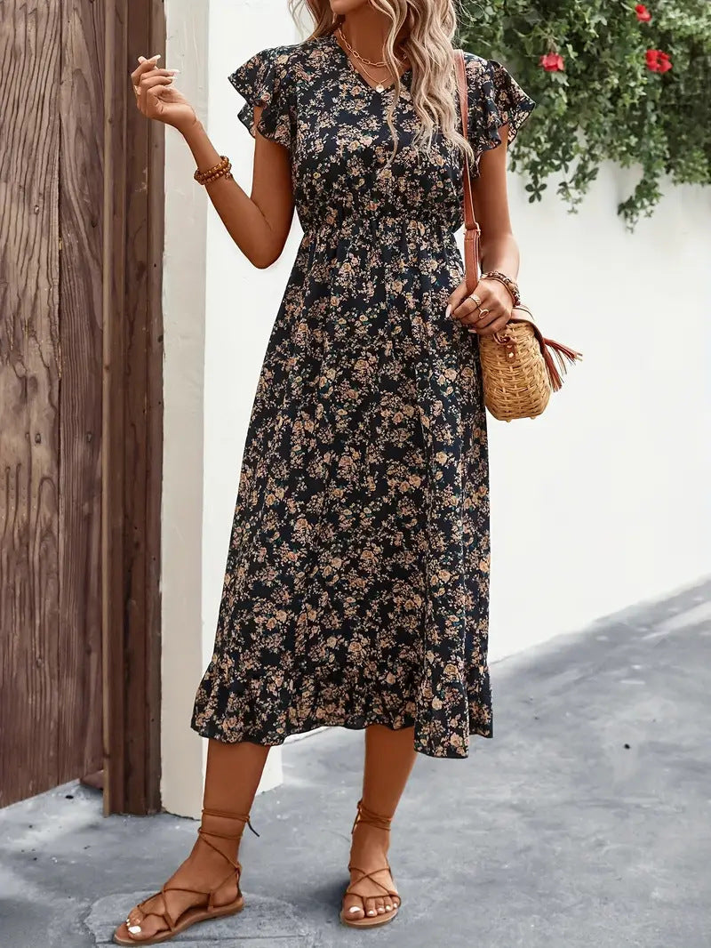 Street Wave Cotton Midi Dress With V Neck Ruffle Sleeves Ruched Waist For Women