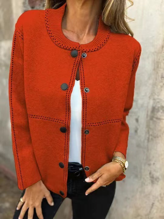 Street-wave Women's All-Season Loose Knit Cardigan With Button Front Placket And Decorative Stitching