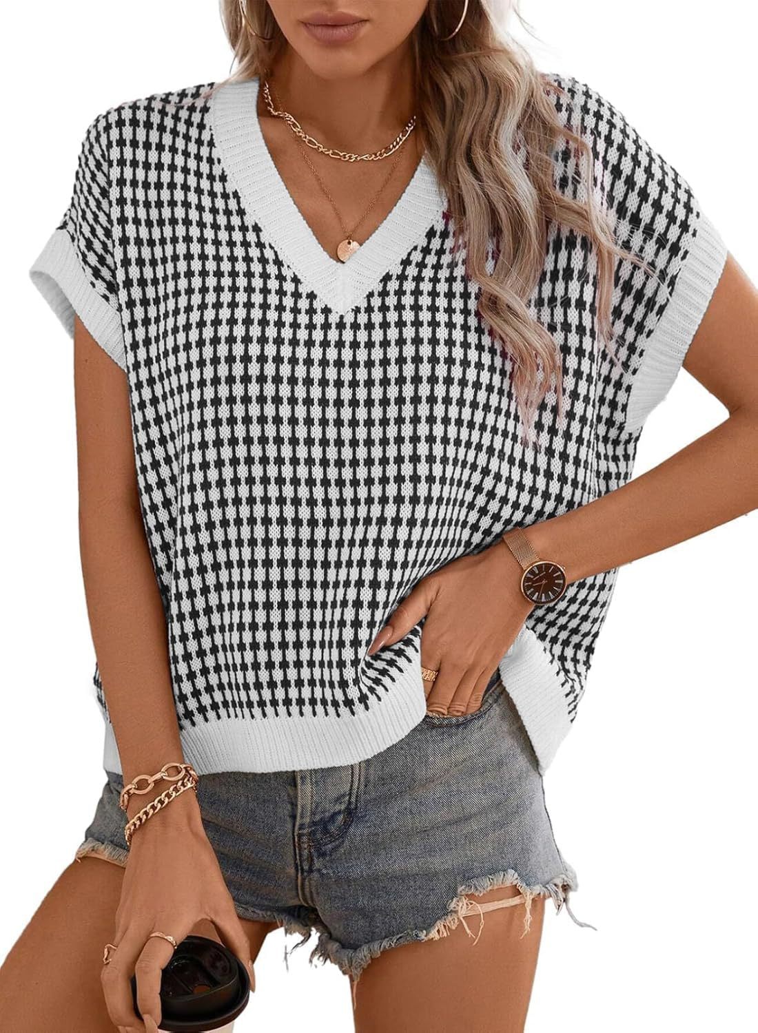 Street Wave Womens V Neck Geometric Knit Sweater Casual Chic Everyday Top For Women