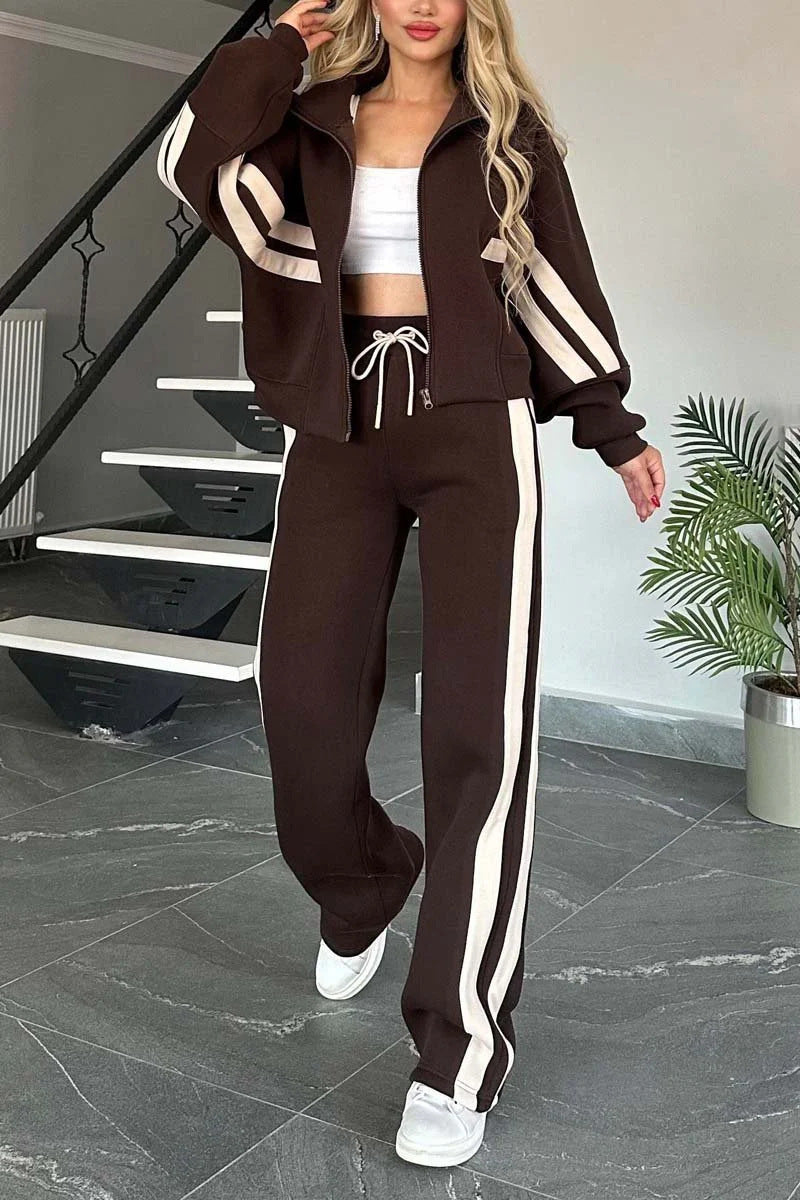 Street-Wave Stylish Cropped Zip Up Hoodie And Track Pants Set With Red Stripes For Women