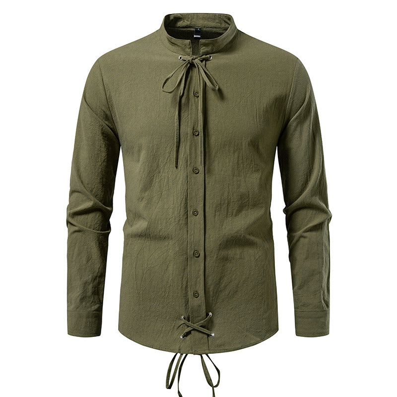 Street Wave Mens Modern Stand Collar Shirt With Flexible Lace Ties For Versatile Smart Casual