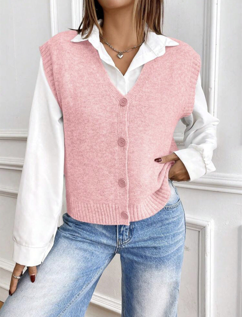 Street-wave Womens Knit Vest V Neck Button Front For Everyday Women Stylish Layering Top