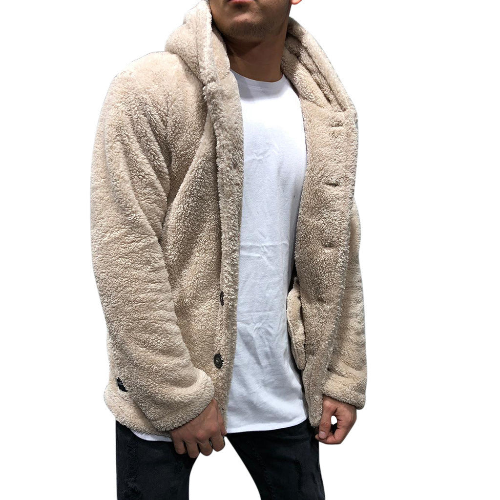 Street-wave Men's Cozy Teddy Jacket With Wide Lapel Warm Plush Fabric Practical Pockets