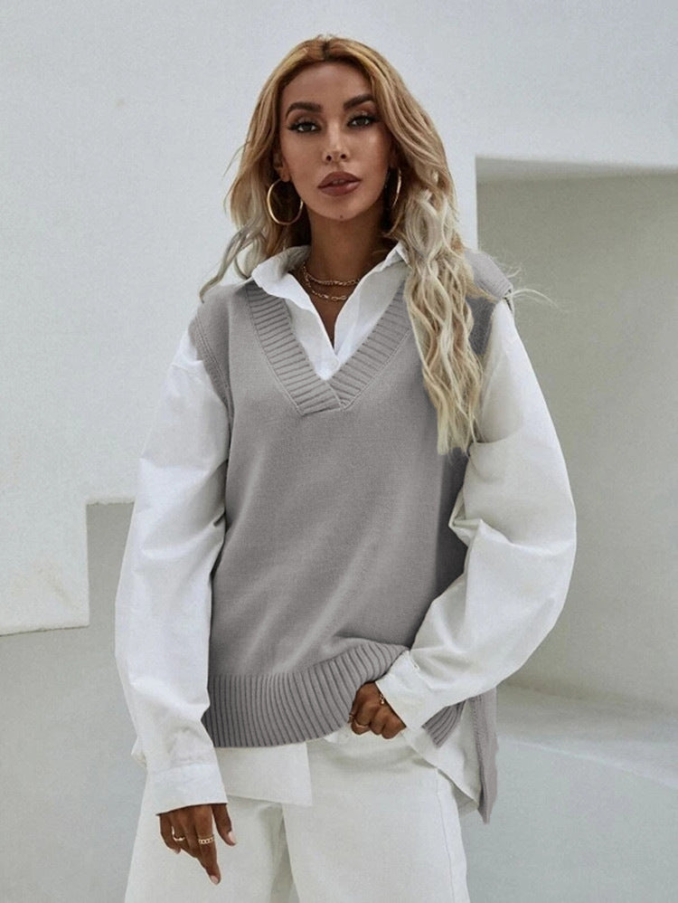 Street-wave Womens VNeck Knit Vest With Elegant Ribbed Texture For Everyday Style