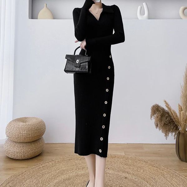 Street-wave Women Knit Dress With Button Detail And Elegant V-Neck For Chic Everyday Officewear