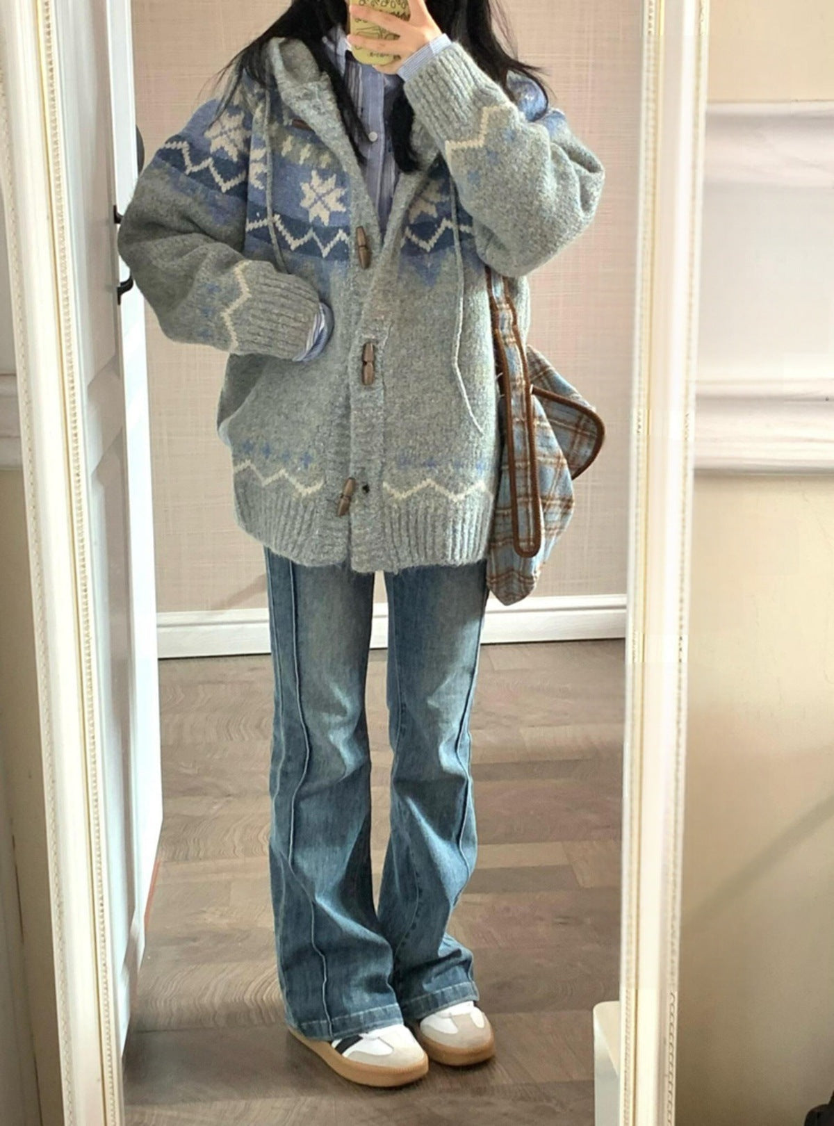 Street Wave Cozy Knit Cardigan With High Collar And Geometric Ornaments For Women