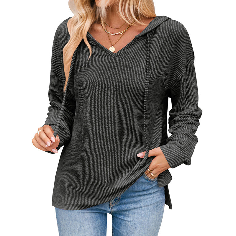 Streetwave Womens V Neck Ribbed Sweater With Drawstring Casual Cozy Knit For Everyday Style